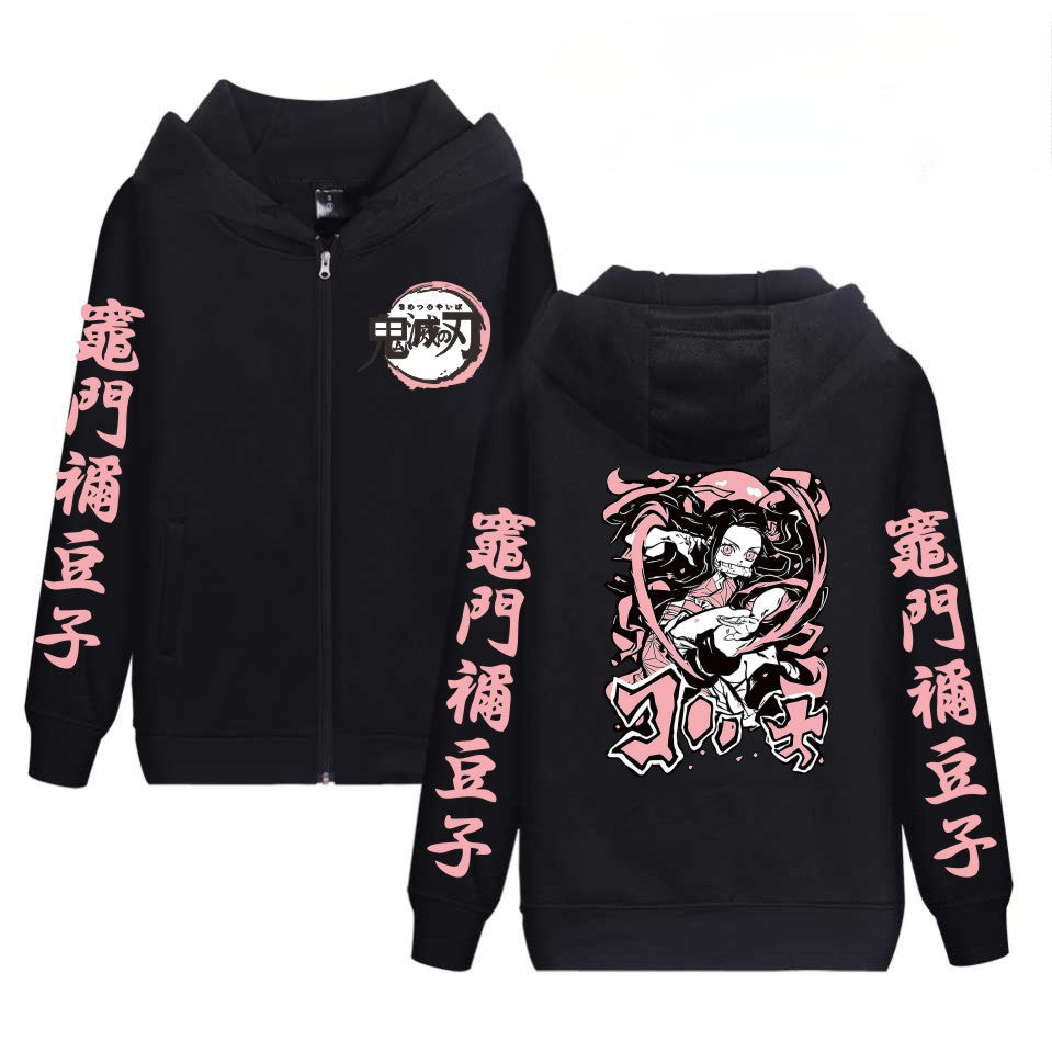 Unisex Anime Printed Black Zipper Hoodie