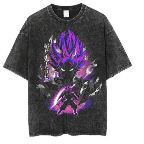 Vintage Washed Anime Print Casual T-shirt