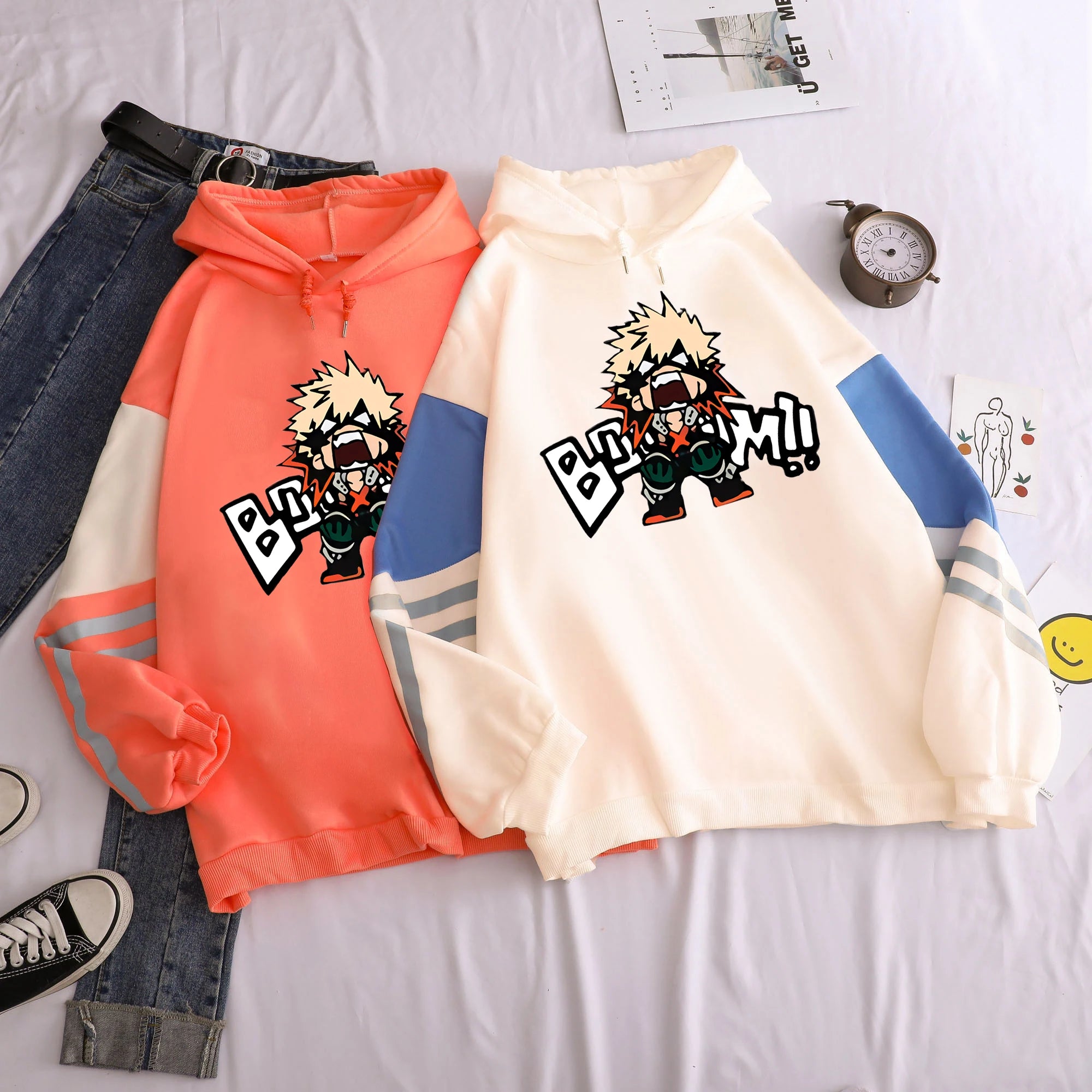 Unisex Anime Boom Print Color Block Casual Hoodie