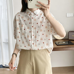 Cartoon Little Flower Rabbit Print Casual Short-sleeved Shirt