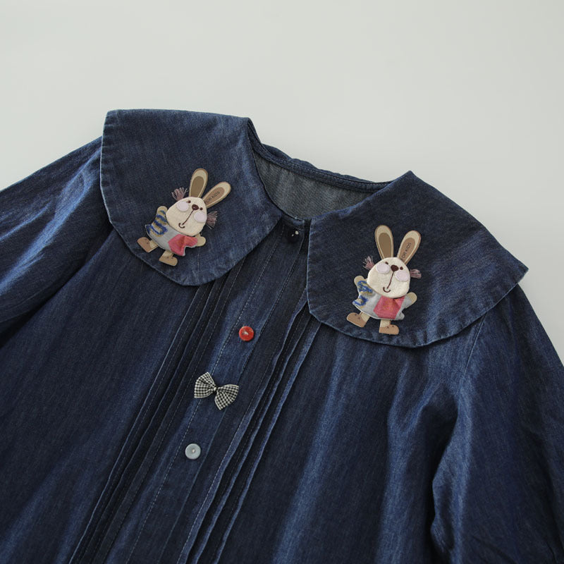 Cute Rabbit Embroidered Doll Collar Washed Denim Short Sleeved Shirt