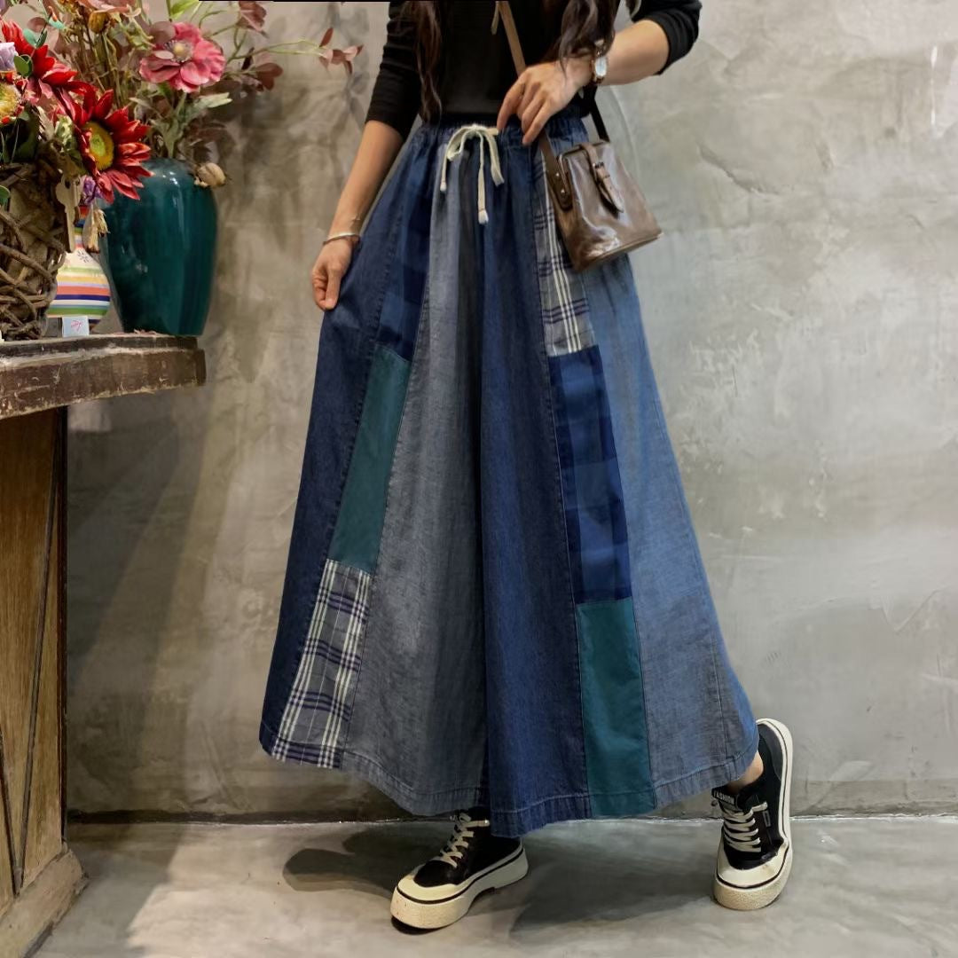 Retro Elastic Waist Color Block Soft Jeans Wide Leg Pants