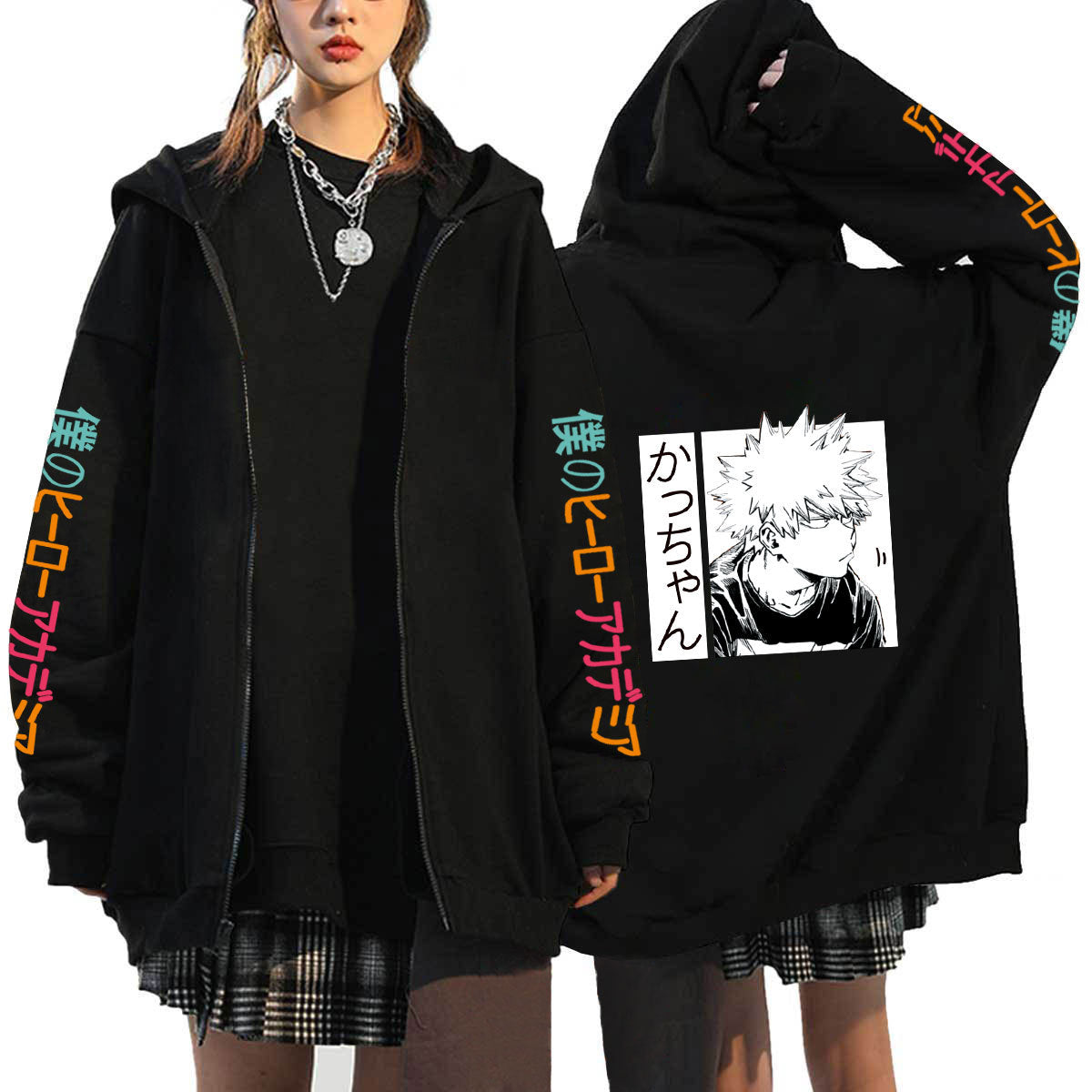 Unisex Trendy Anime Printed Black Zipper Hoodie