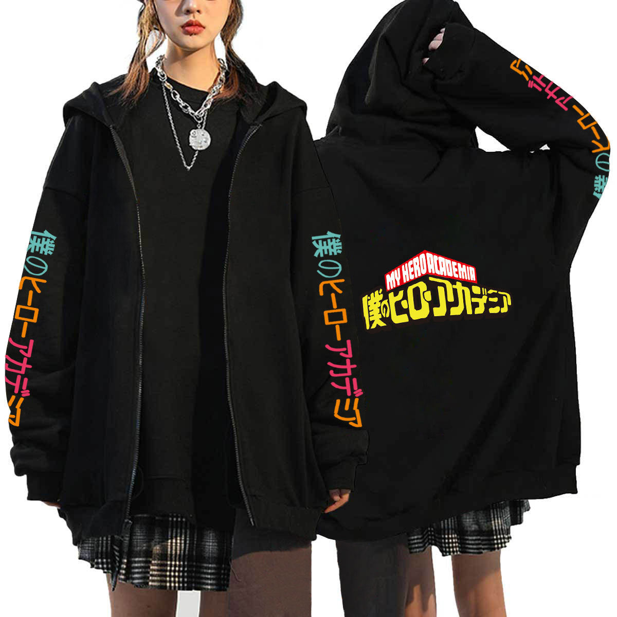 Unisex Trendy Anime Printed Black Zipper Hoodie