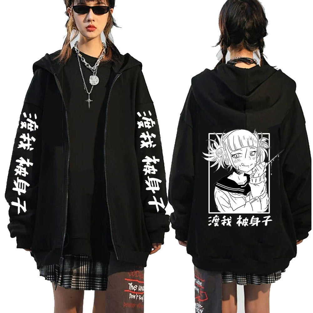 Unisex Casual Anime Printed Zipper Black Hoodie