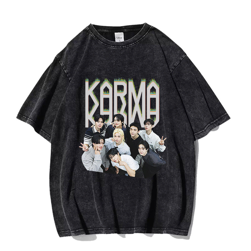 Unisex Kpop KARMA Pattern Print Washed T-shirt