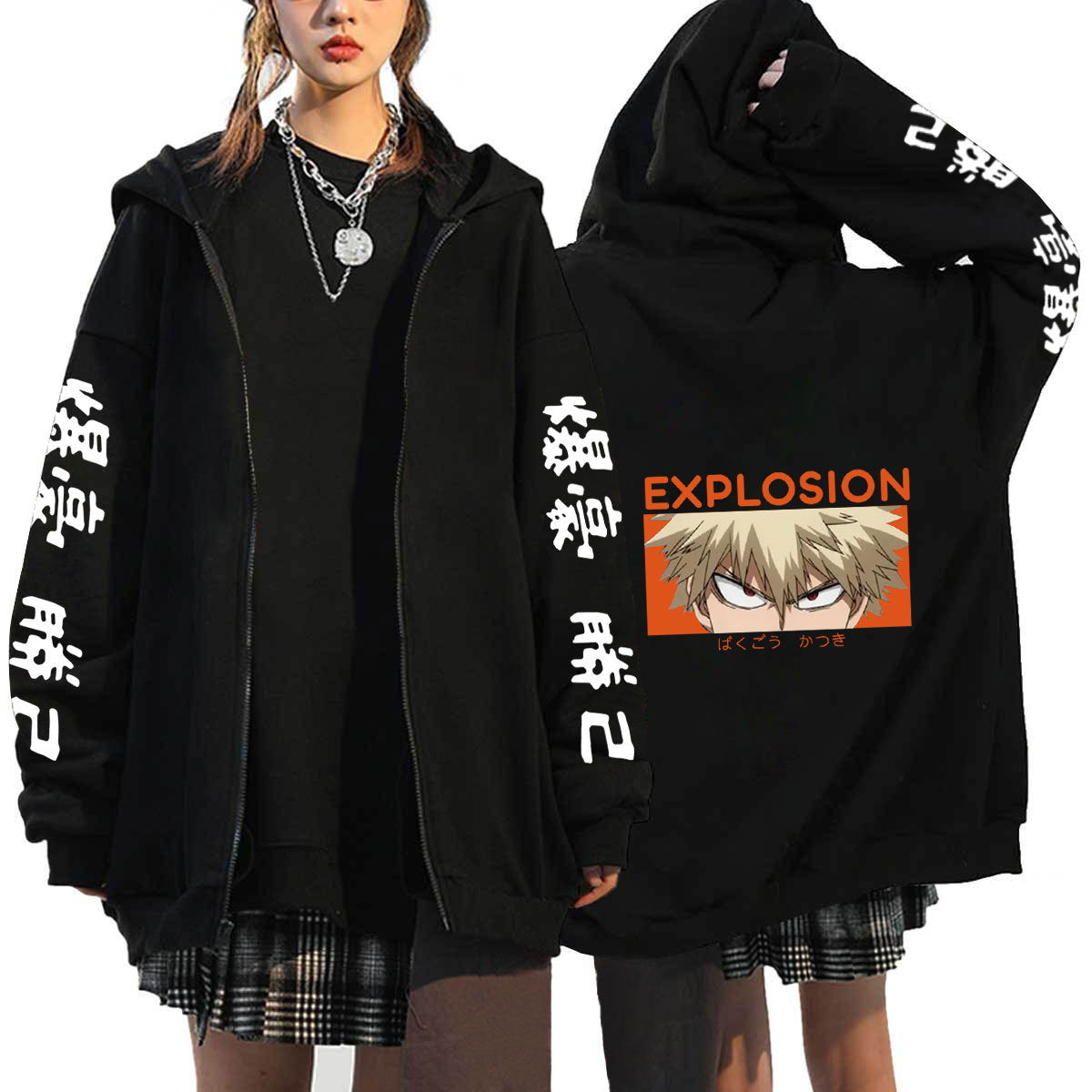 Unisex Anime Casual Black Zipper Hoodie