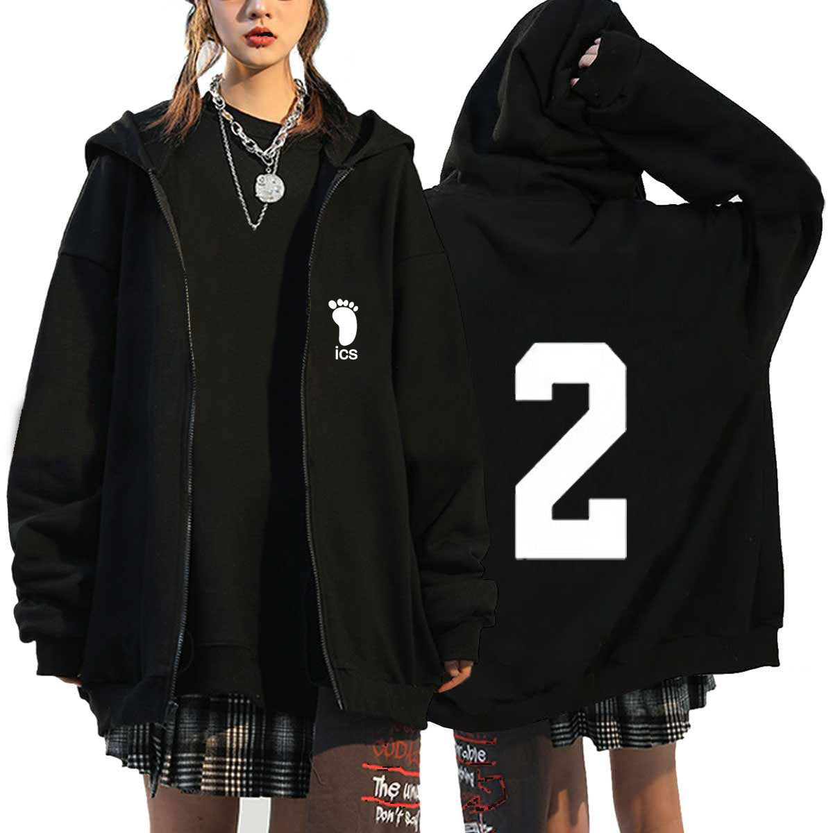 Unisex Anime Letter Print Zipper Black Hoodie