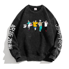 Vintage Washed Round Neck Anime Printed Sweatshirt