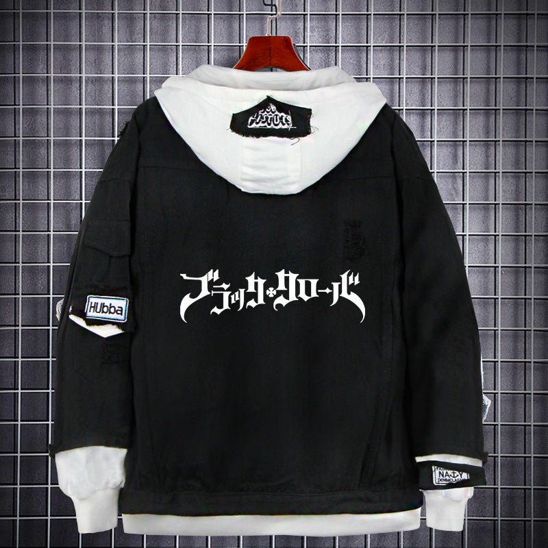 Men's Anime Logo Fake Two Denim Jacket