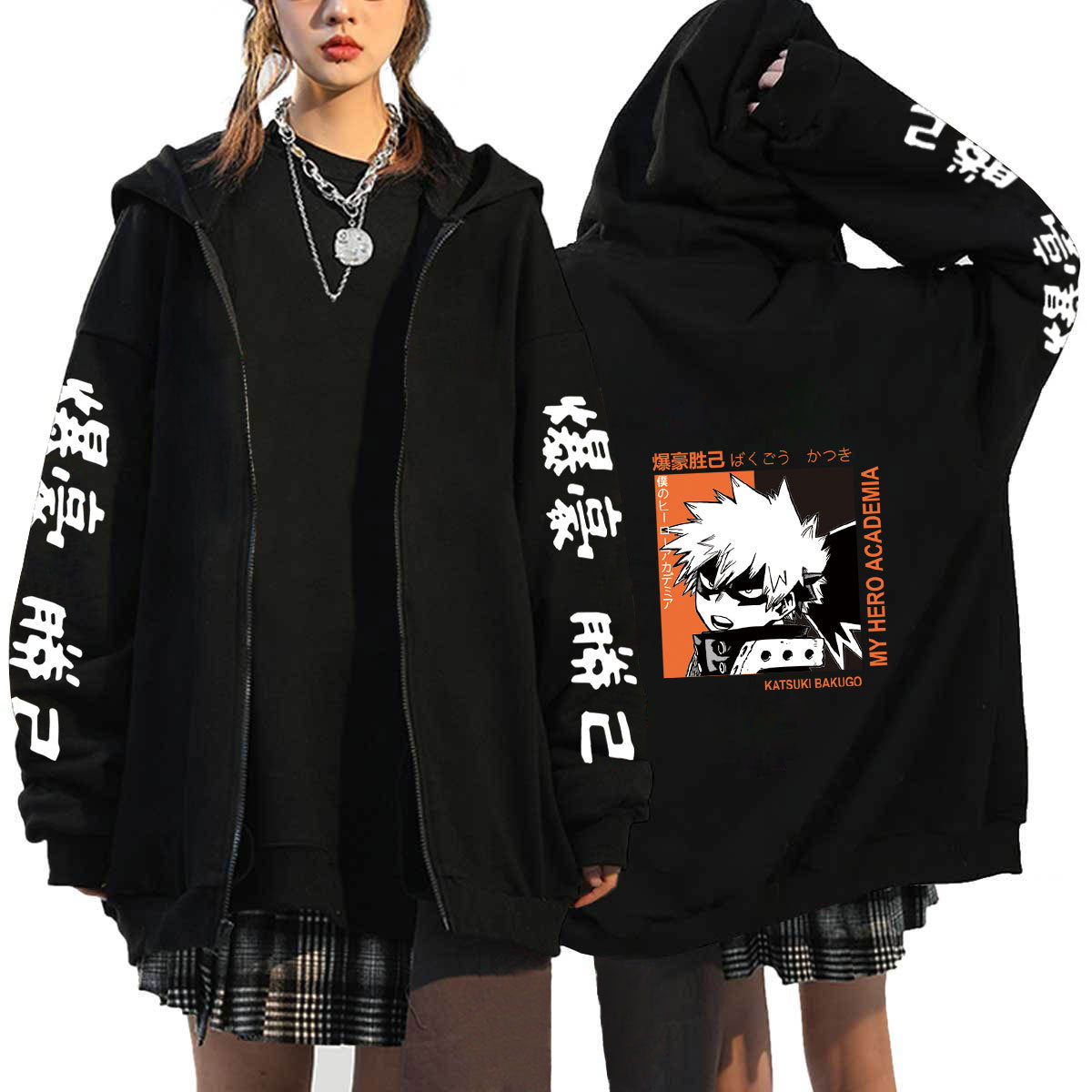 Unisex Anime Casual Black Zipper Hoodie