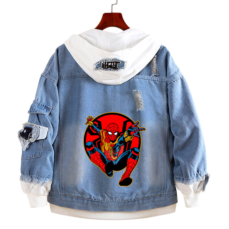 Unisex Comic Spider Fake Two Piece Hooded Denim Jacket