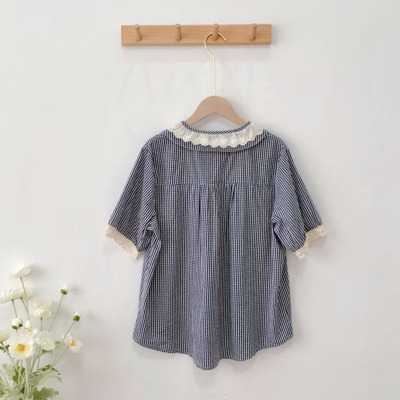 Women's Mori Lace Collar Plaid Short-sleeved Shirt