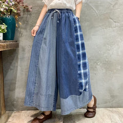 Retro Elastic Waist Color Block Soft Jeans Wide Leg Pants