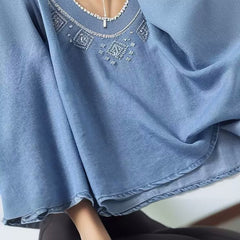 Women's Fringed Lace-up Ethnic Embroidered Denim Blouse