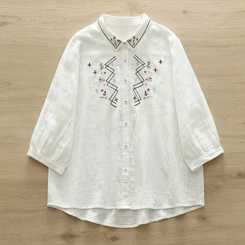 Women's Cartoon Flower Embroidered Shirt Blouse