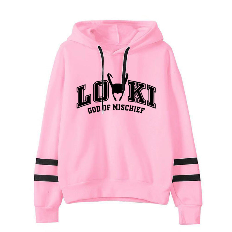 Trendy LOKI Graphic Print Loose Striped Hoodie