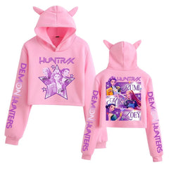 Trendy KPDH Print Cat Ears Crop Hoodie