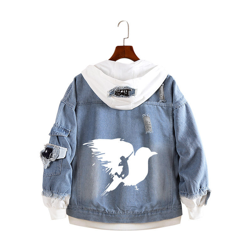 Unisex Volleyball Graphic Print Loose Denim Coat