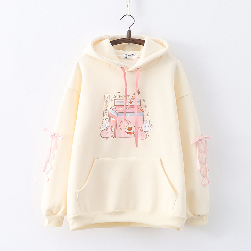 Rabbit Drink Print Thickened Pullover Hoodie