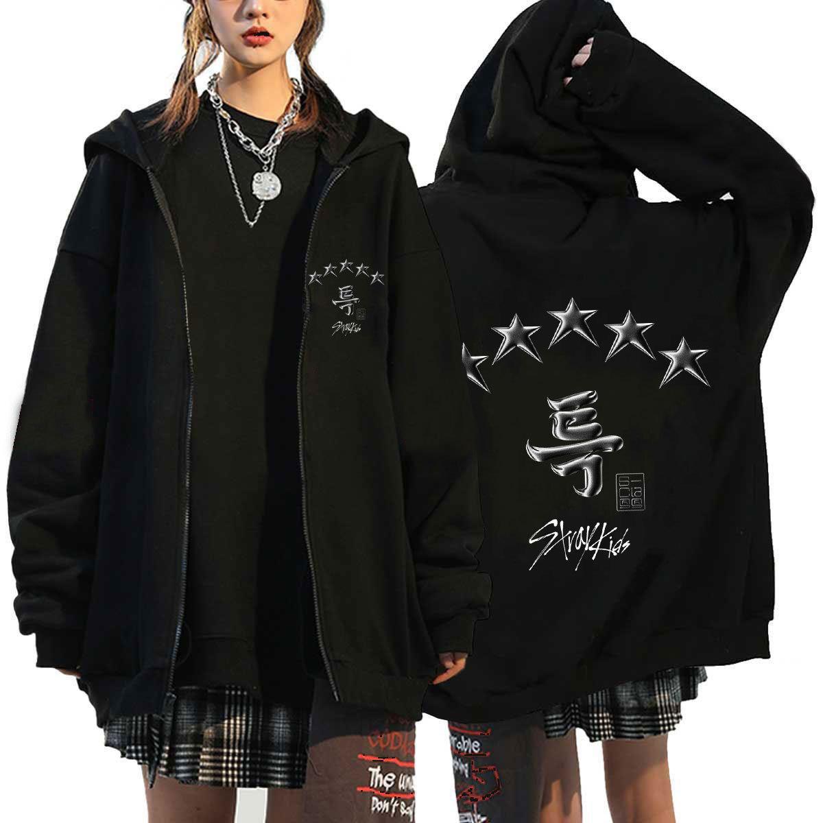 Chic Kpop Group Letter Printed Zip Up Hoodie