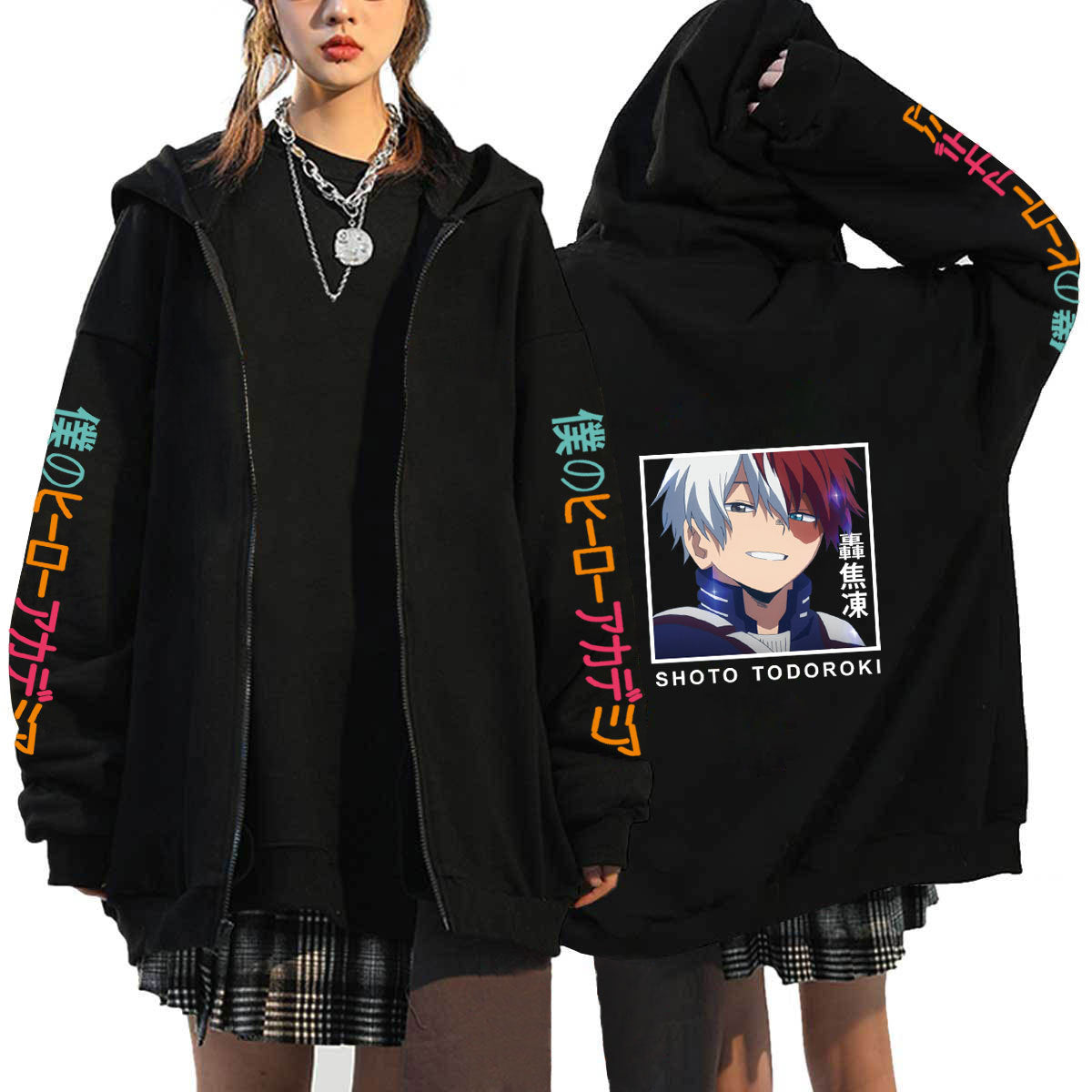 Unisex Trendy Anime Printed Black Zipper Hoodie