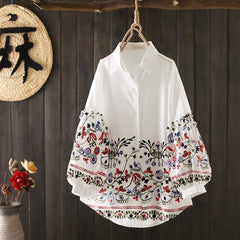 Chic Girls Fresh Loose Bubble Sleeve Floral Embroidered Shirt