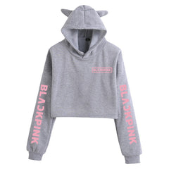 Kpop Letter Printed Cat Ears Crop Hoodie