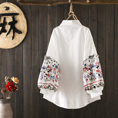 Chic Girls Fresh Loose Bubble Sleeve Floral Embroidered Shirt