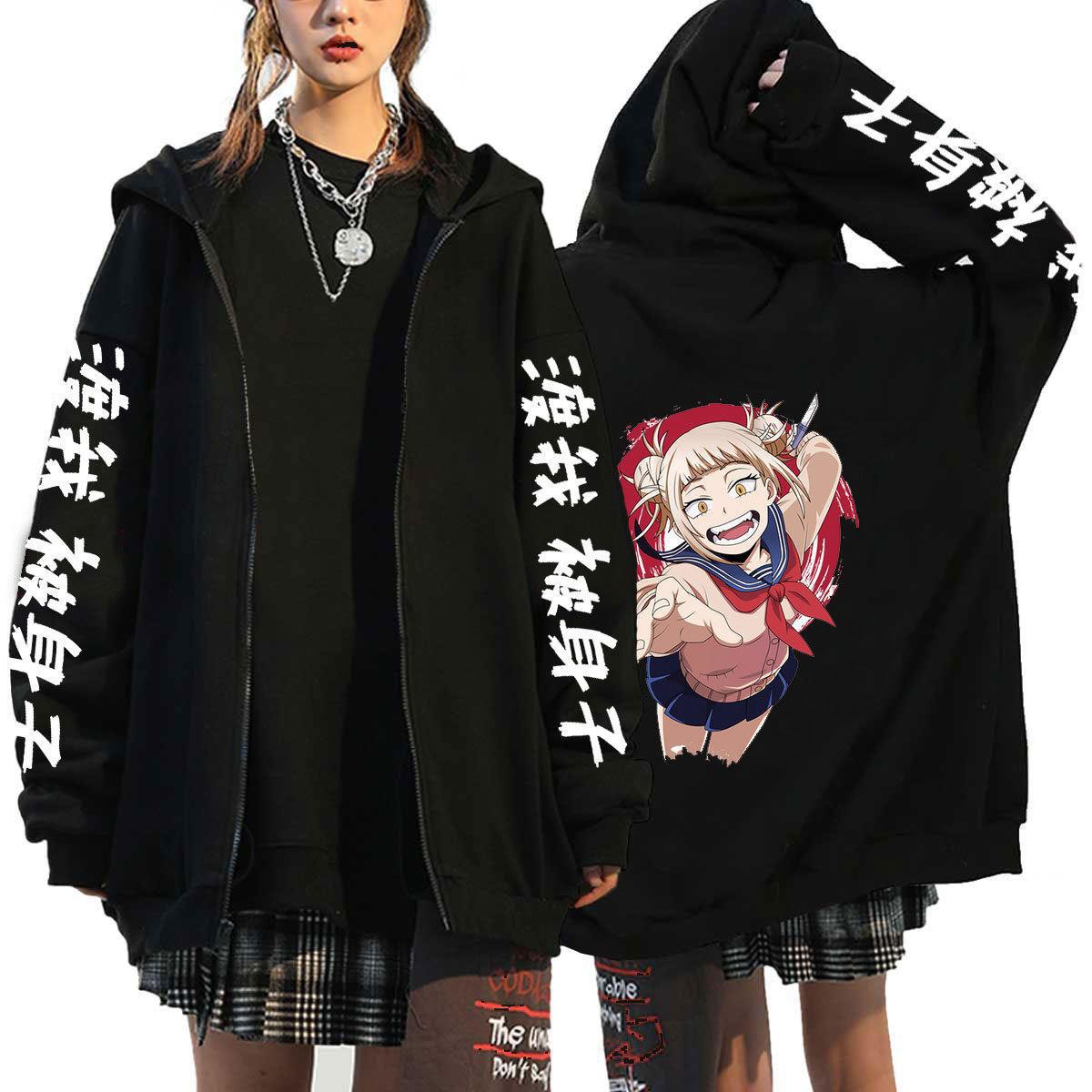 Unisex Anime Printed Zip Up Black Casual Hoodie