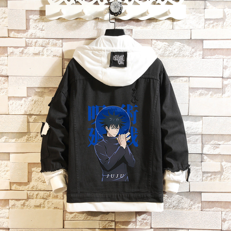 Unisex Anime Pattern Print Hooded Denim Jacket