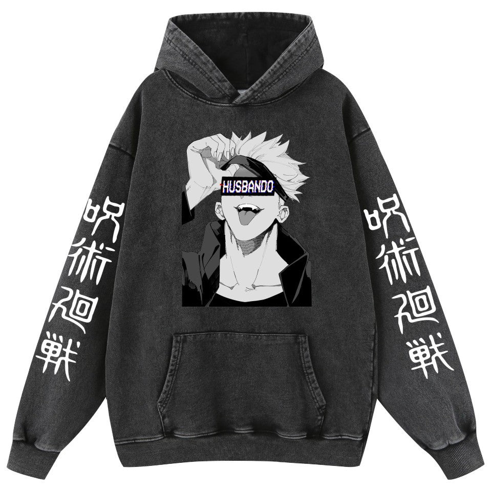 Unisex Retro Washed Anime Pattern Loose Hoodie