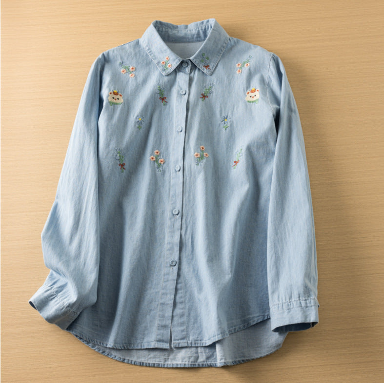 Women's Embroidery Washed Denim Long-sleeved Shirt