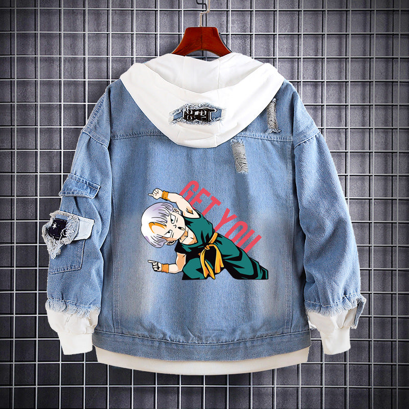 Unisex Trendy Anime Loose Fake Two Denim Jacket