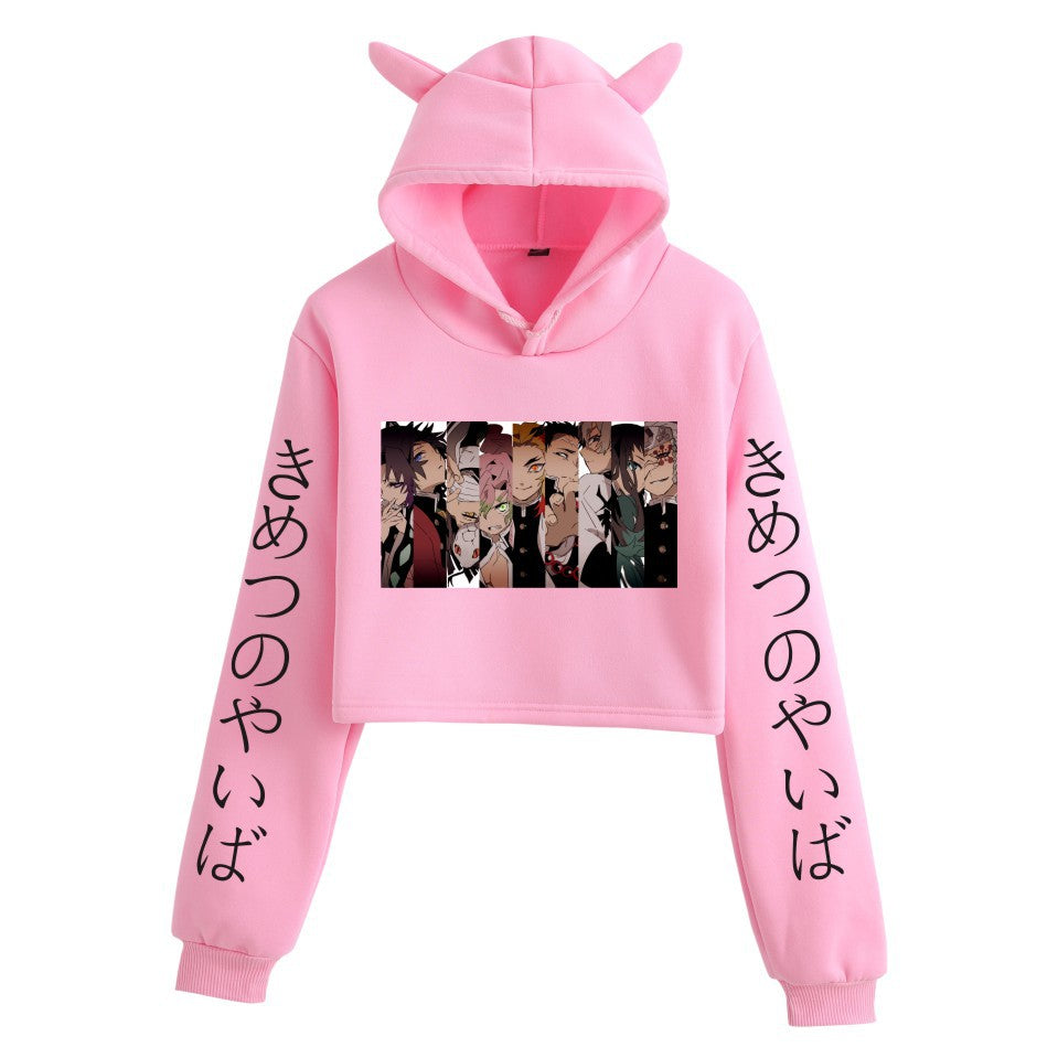 Girls Sexy Anime Print Cat Ears Cropped Hoodie