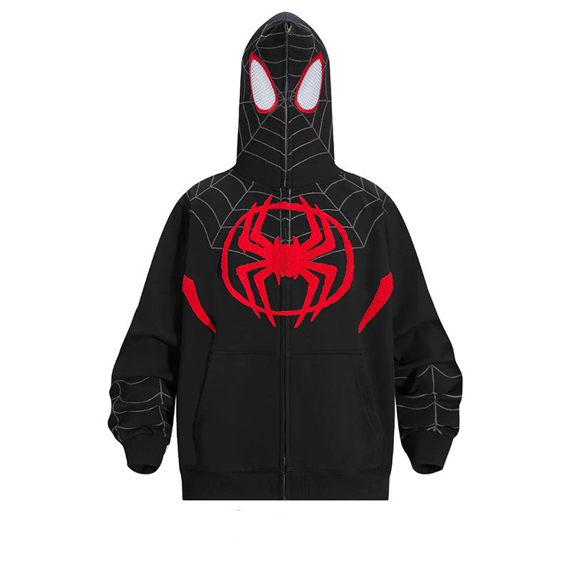 Unisex Gothic Dark Spider Print Zip Up Loose Hoodie