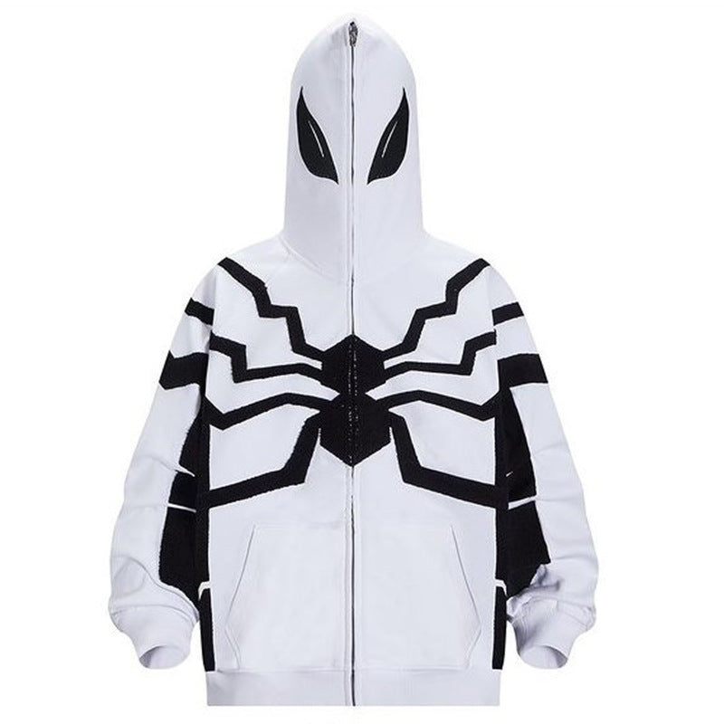 Unisex Gothic Dark Spider Print Zip Up Loose Hoodie