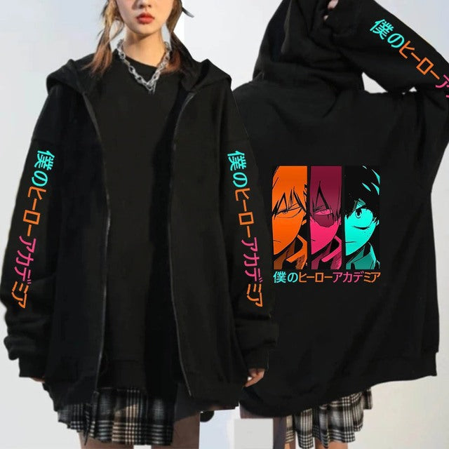 Unisex Anime Printed Zipper Black Pullover Hoodie