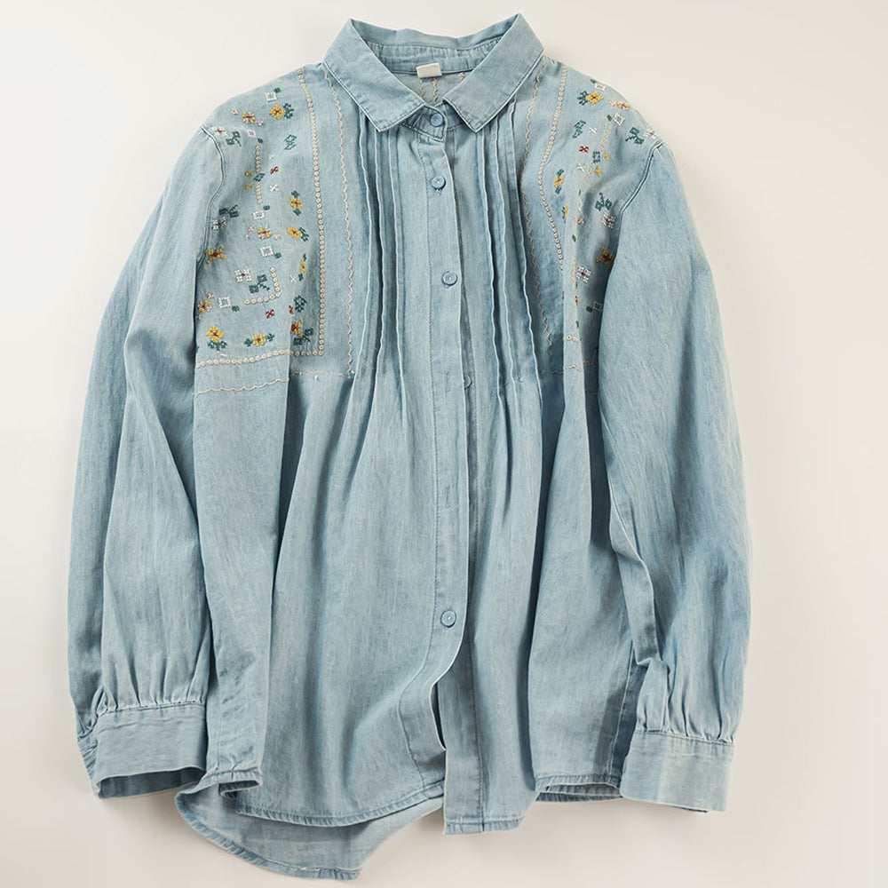 Women's Embroidery Washed Denim Long-sleeved Shirt