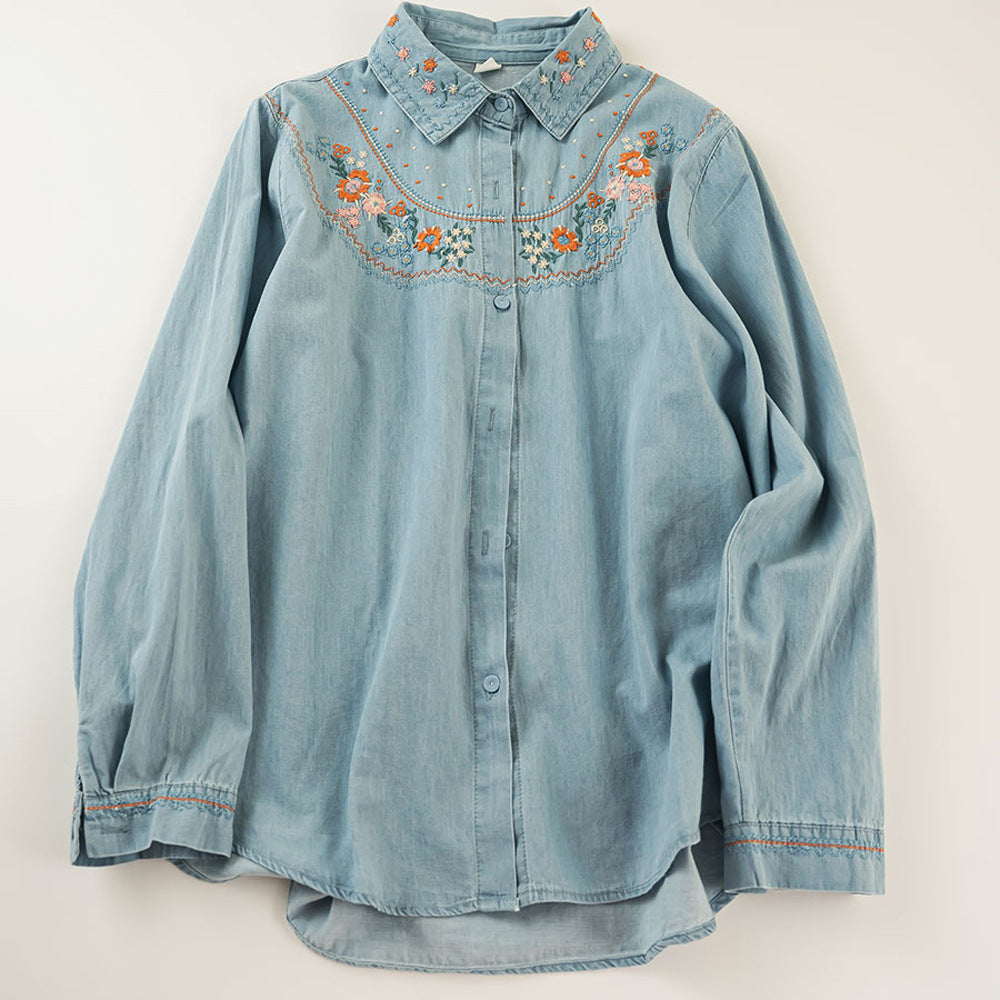 Women's Embroidery Washed Denim Long-sleeved Shirt