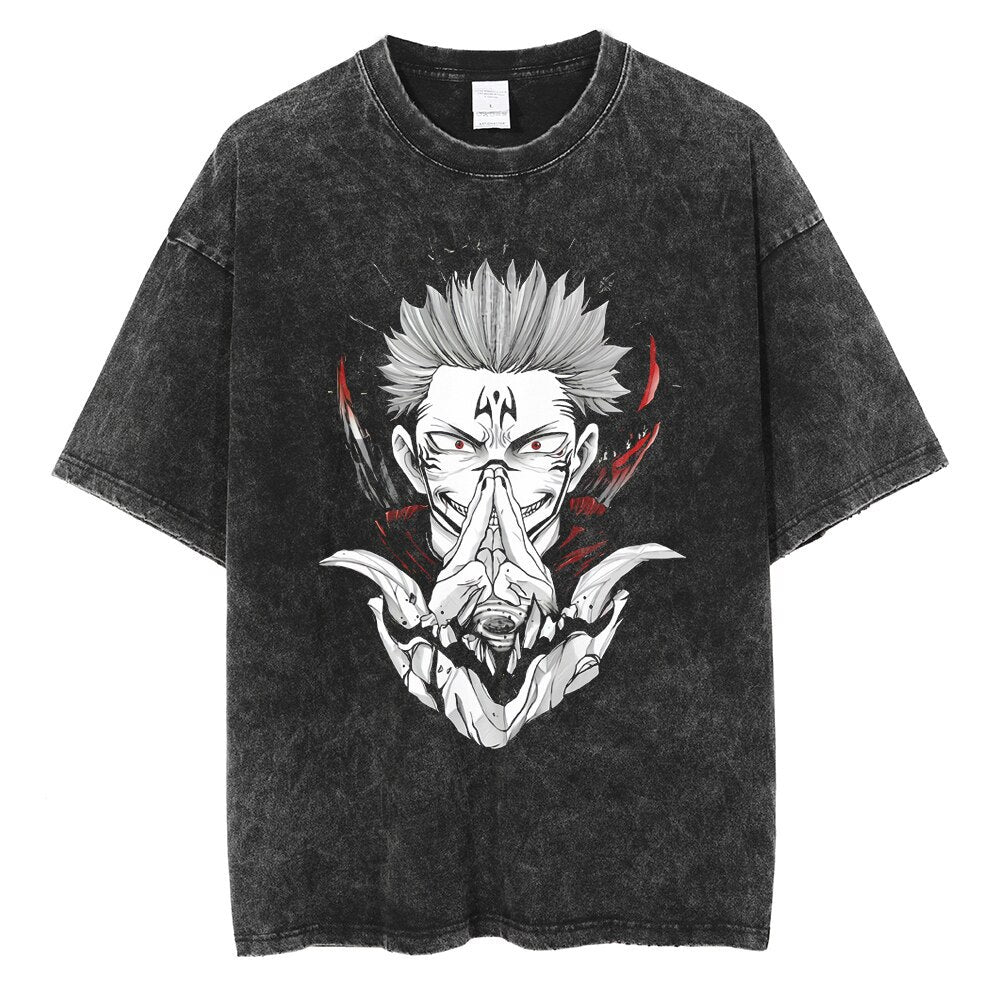 Casual Retro Washed Anime Graphic T-shirt