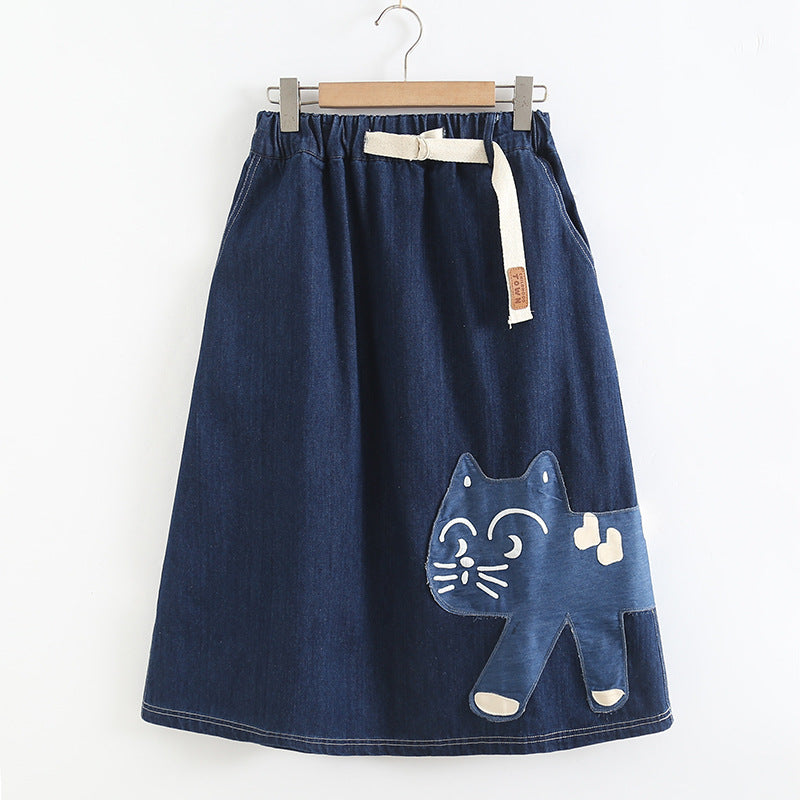 Japanese Style Cat Patch Embroidered A-line Mid Length Skirt