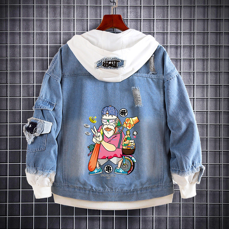 Unisex Trendy Anime Loose Fake Two Denim Jacket