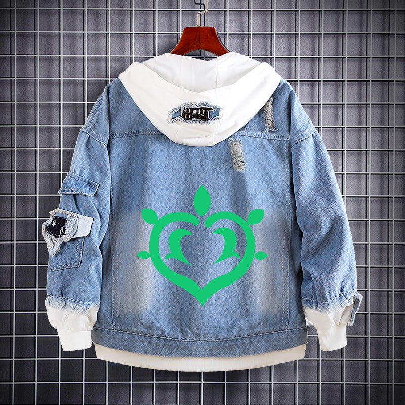 Unisex Game Logo Loose Hooded Denim Coat