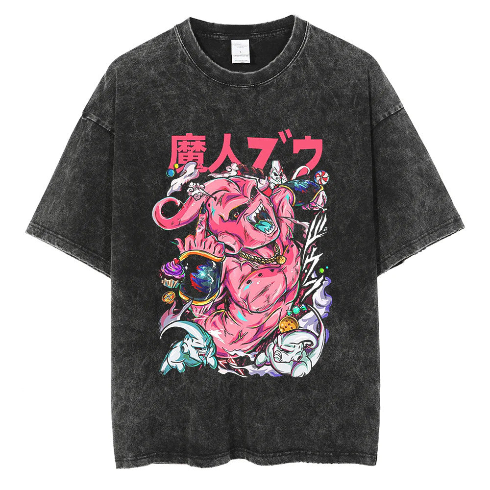 Vintage Washed Anime Print Casual T-shirt