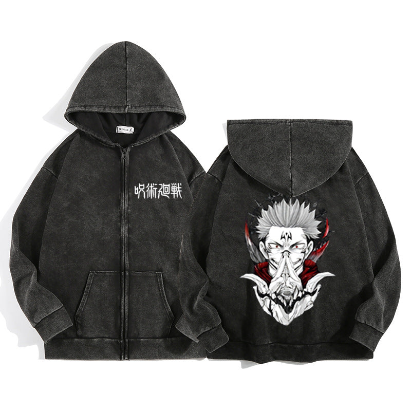 Unisex Anime Printed Washed Casual Zipper Hoodie