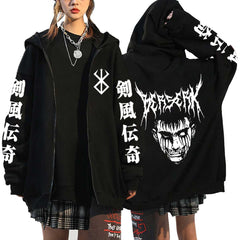 Unisex Anime Printed Black Zipper Hoodie