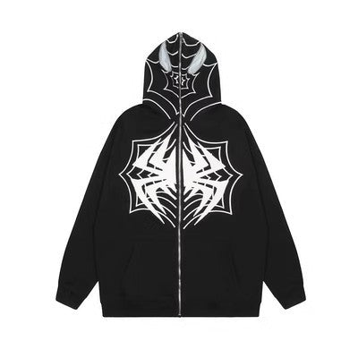 Unisex Gothic Dark Spider Print Zip Up Loose Hoodie