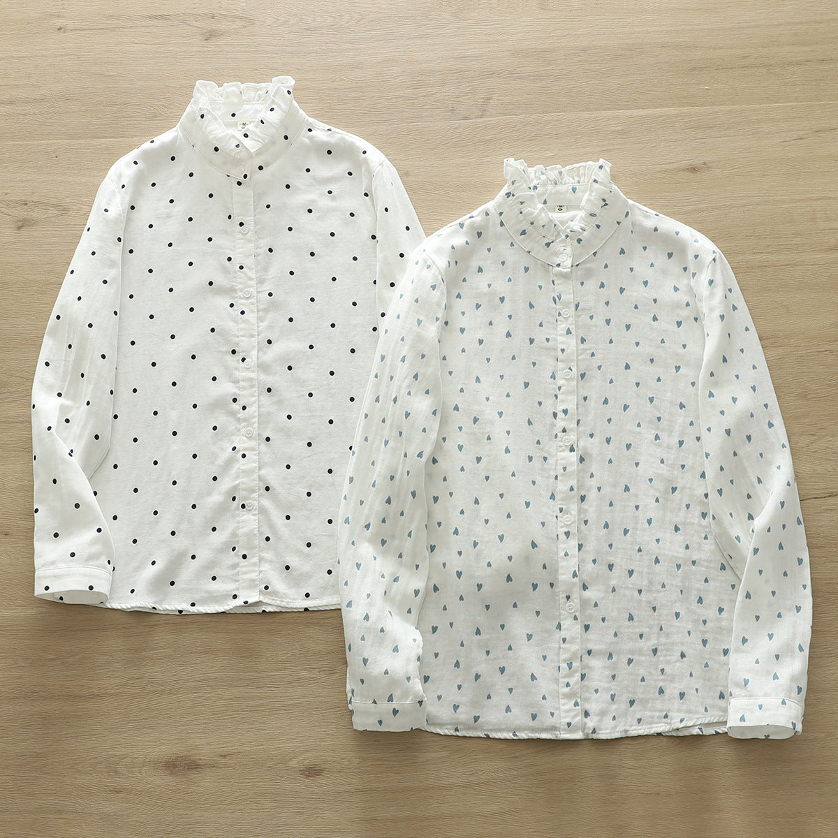 Korean Style Standing Collar Printed Cotton Shirt