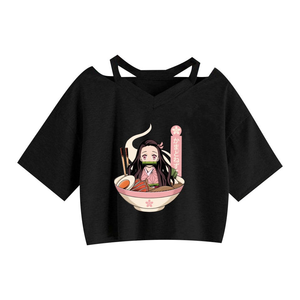 Girls Anime Print Casual Short Sleeve Crop Top